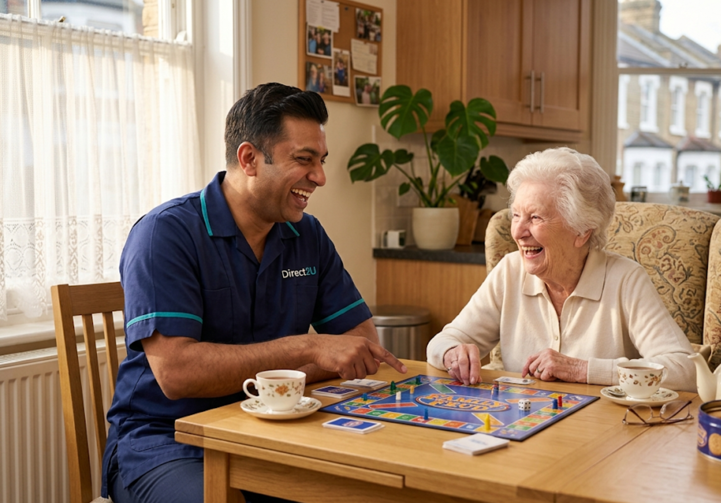 Direct2U companionship carer playing a board game with an elderly client at home in Enfield